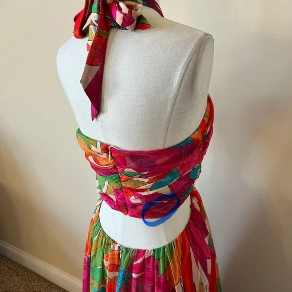 Ronny Kobo Floral Patterned Halter maxi Dress gown Pink Green 26129